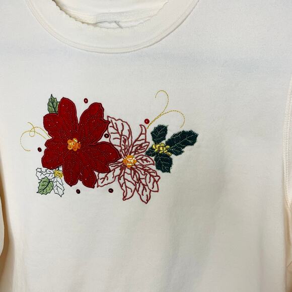 Cream Crew Neck Sweatshirt Poinsettia Applique Design Christmas Sz Medium - Picture 3 of 7